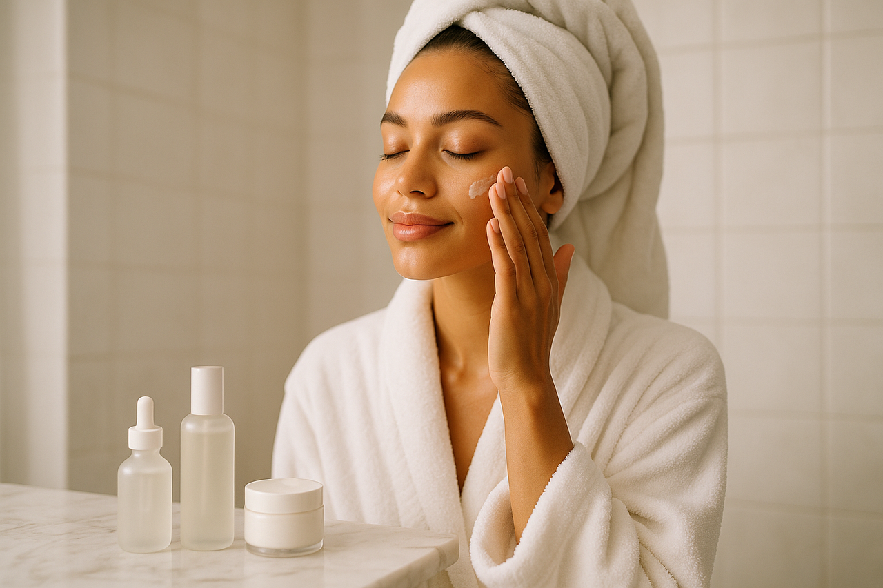 model doing skincare